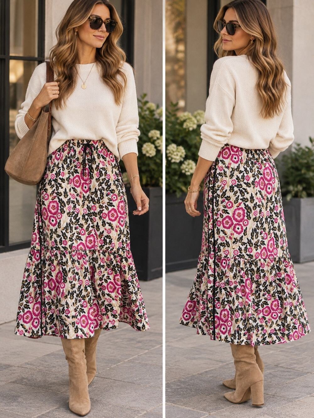 ME+EM Floral Pull On High Waisted Maxi Skirt White Black Pink Women's Size US 12